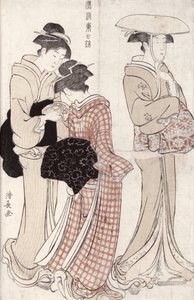 Jeune femme portant un large chapeau de paille, suivie par un serviteur et une compagne portant un 